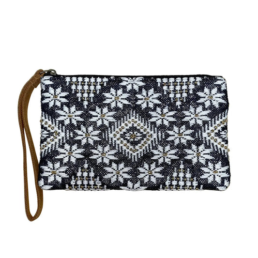 Black White Flowers Beaded Wristlet