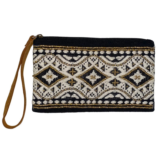 Black + White Beaded Wristlet